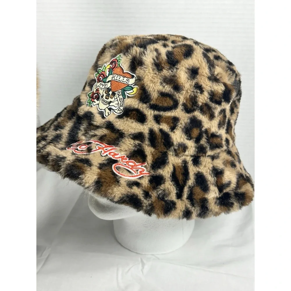 Ed Hardy Leopard Faux Fur Bucket Hat Love Kills Slowly Skull Heart One Size